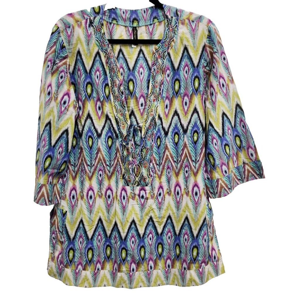 Vix Hermanny Womens Silk Swim Cover Up Tunic Top Large Beaded Peacock BOHO